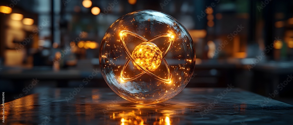 Poster detailed 3d representation of a technetium atom showcasing its electron structure and diverse applic
