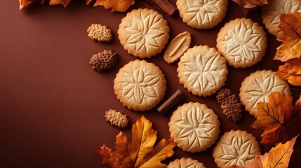 Cozy autumn biscuits arranged on a warm-toned background create a delightful autumn ambiance. The cozy autumn setting invites warmth and comfort with space for text.
