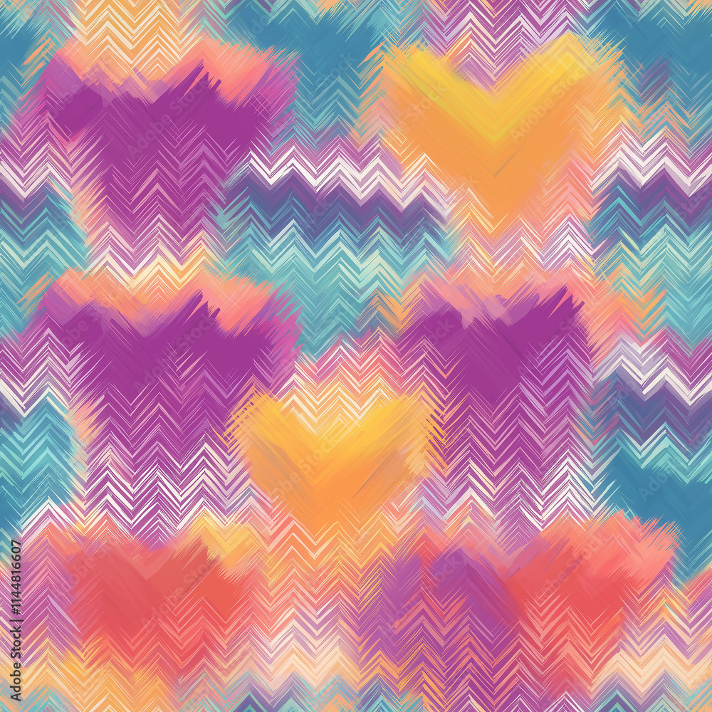 Poster a vibrant, abstract pattern featuring colorful hearts and zigzag shapes, creating a playful and chee