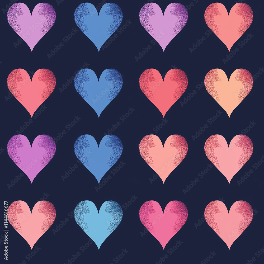 Poster a colorful pattern of hearts in various shades, set against a dark background, creating a vibrant an