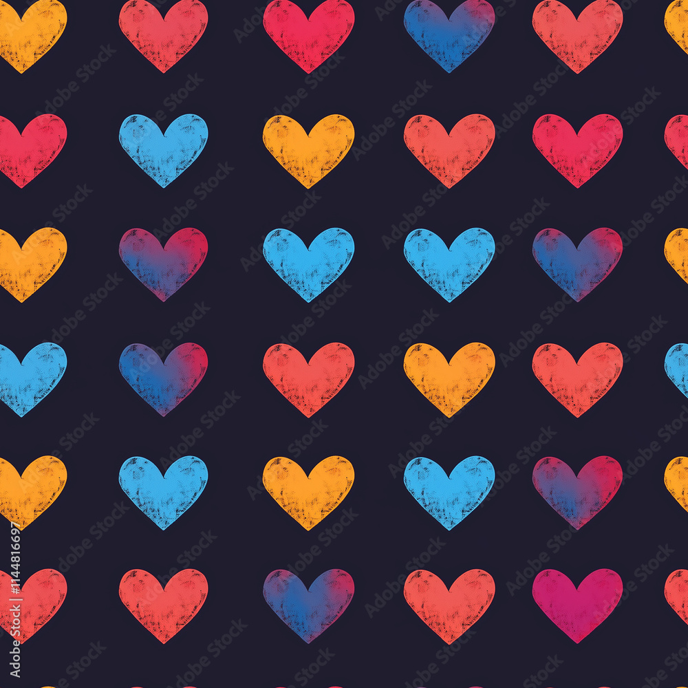 Poster a colorful pattern of hearts in various hues against a dark background, creating a vibrant and playf
