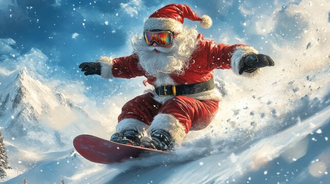 Merry Chrismas. Santa Claus snowboarding fast. Winter fairy scene with a chrismas atmosphere. Chrismas holyday postcard