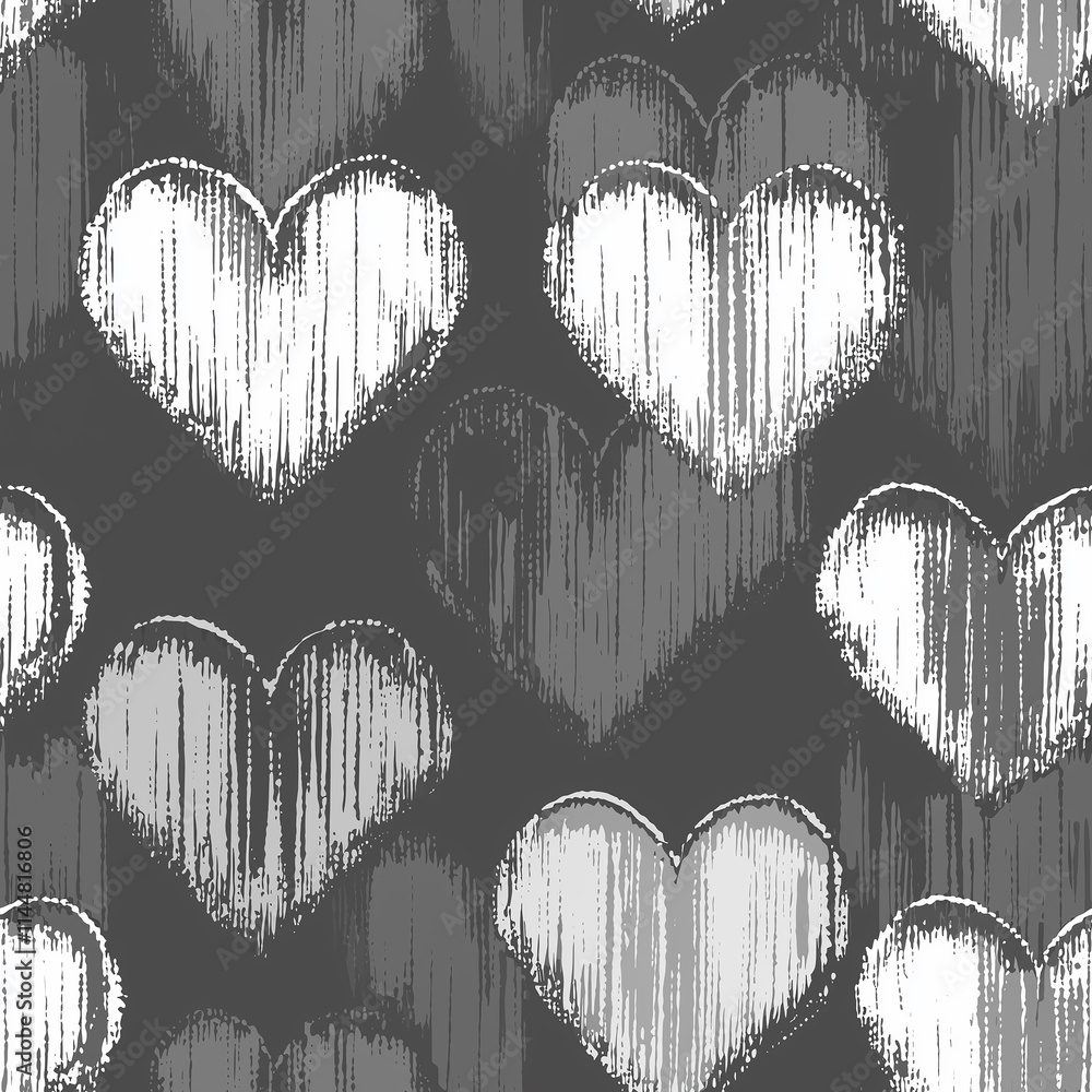 Poster a pattern of textured hearts in shades of white and gray, creating a modern and stylish backdrop.