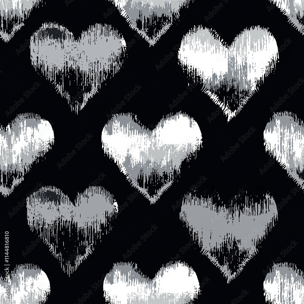 Poster a pattern featuring textured silver hearts on a black background, creating a stylish and modern desi