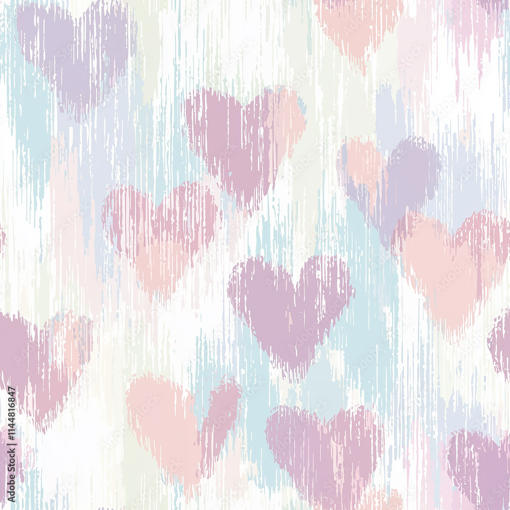 Poster a pastel heart pattern with soft colors and brushstroke textures, creating a romantic and whimsical 