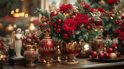 Festive holiday decor featuring red baubles, poinsettias, and elegant ornaments creates warm and inviting atmosphere. Perfect for celebrating season with joy and beauty