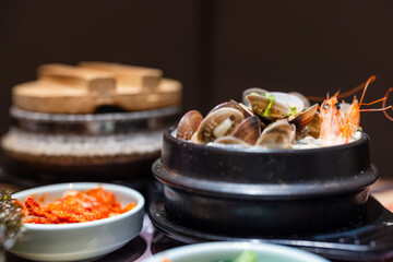 Korean seafood hot pot with fresh ingredients