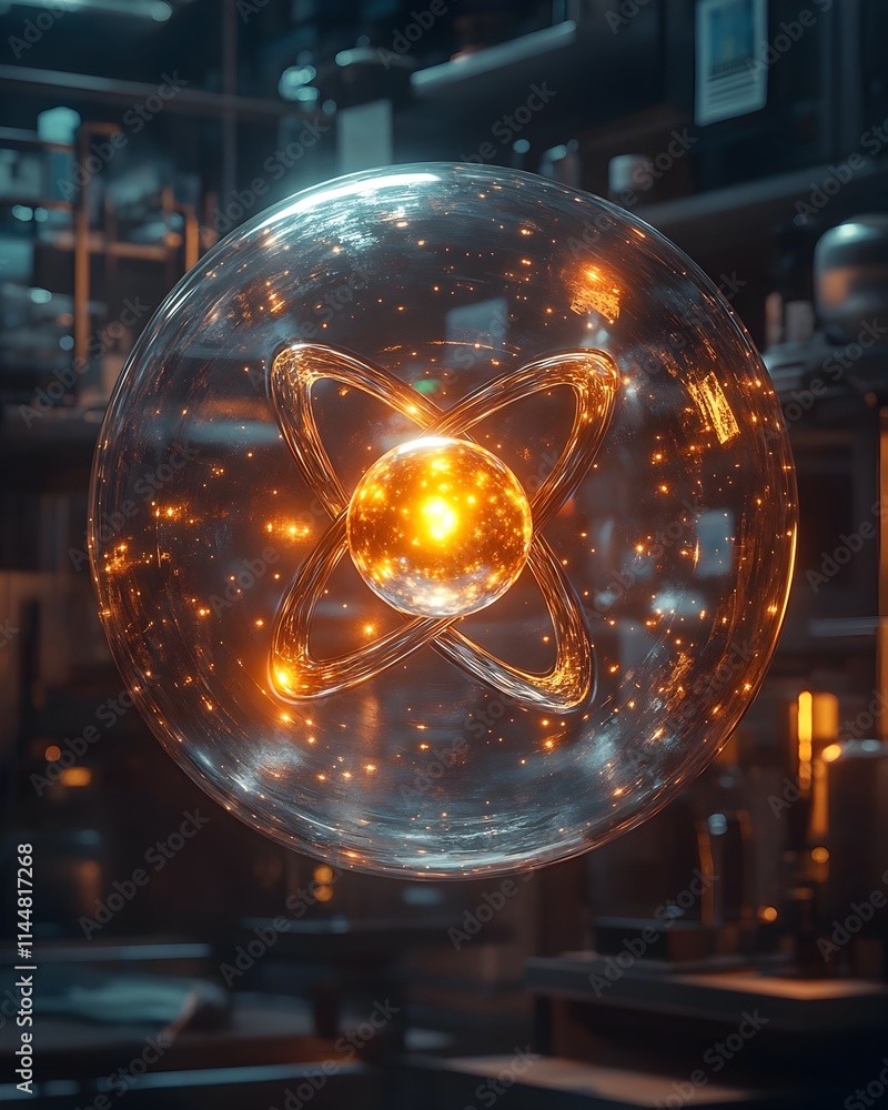 Poster detailed 3d representation of a technetium atom showcasing its electron composition and applications