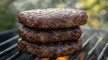 Juicy grilled beef patties stacked on barbecue grill, sizzling with smoke. Perfect for summer cookouts and outdoor gatherings, these burgers are delicious treat