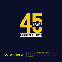 45th years anniversary celebration emblem. anniversary logo isolated with white ribbon on dark blue background. vector illustration template design for web, flyers, poster, greeting & invitation card