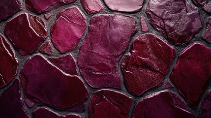Abstract background of maroon wet stones flooring with a textured appearance, creating a visually appealing composition of maroon stones suitable for various uses. Copy space available.