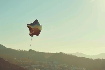 A shiny star-shaped balloon floating in the air