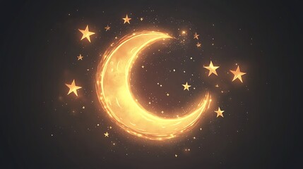 Fototapeta premium Glowing crescent moon and stars on dark background.