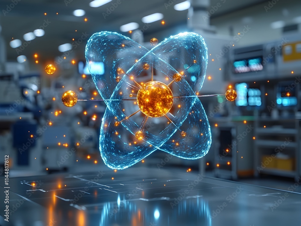 Poster detailed 3d representation of a technetium atom showcasing its electron and diverse applications in 