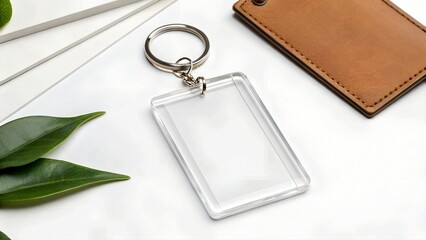 A blank acrylic keychain, a leather rectangle, and green leaves are arranged on a white surface. Ideal for design showcasing and promotion.