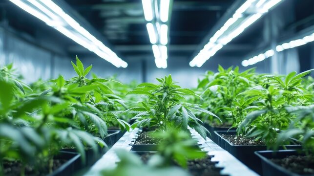 Micro indoor cannabis plantation displaying vibrant green leaves, ideal for illustrating the growth and cultivation of cannabis in a controlled environment with ample copy space.
