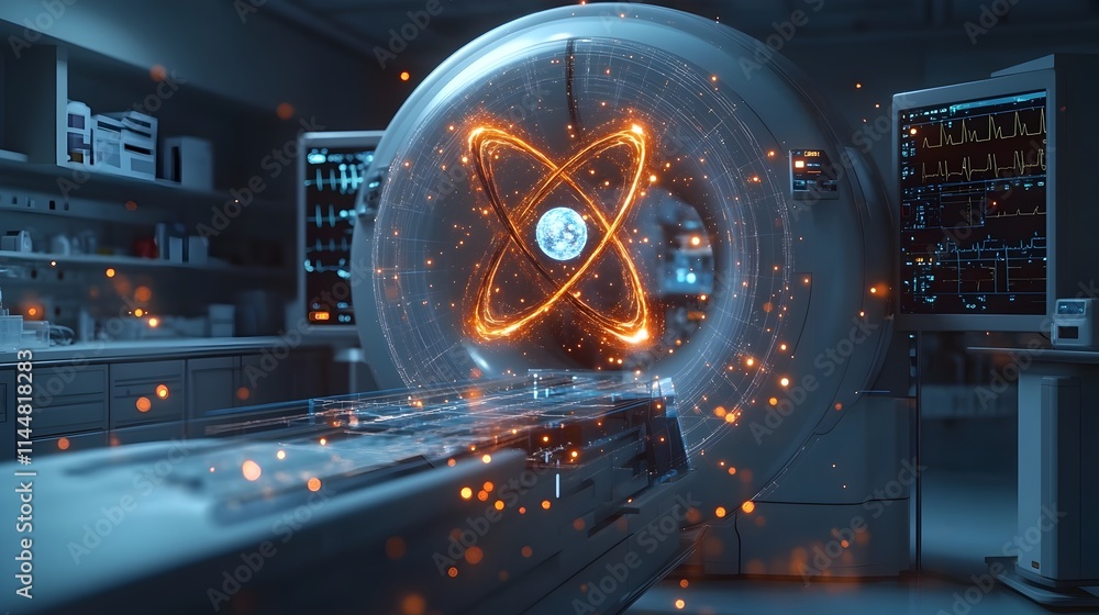 Poster detailed 3d representation of a technetium atom showcasing its electron structure and various applic
