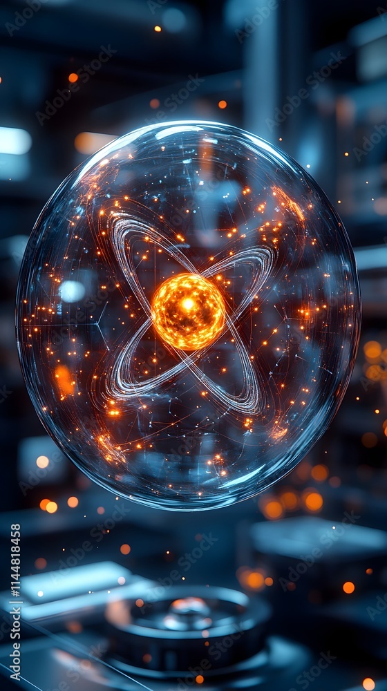 Poster detailed 3d representation of a technetium atom showcasing its electron structure and various applic