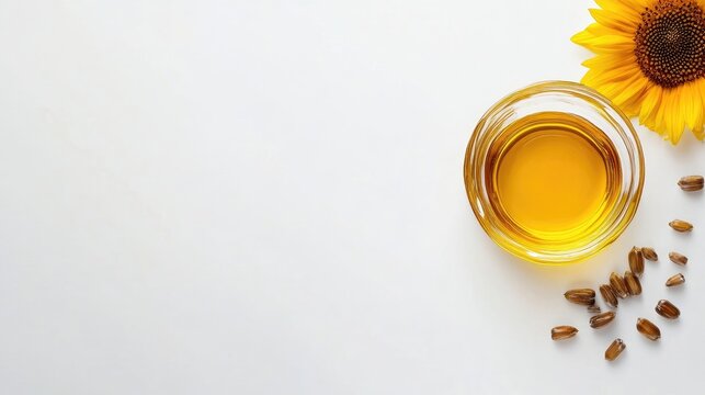 Top view of sunflower oil on a clean white background, highlighting the rich texture of sunflower oil. Ideal composition with ample copy space for text and branding.