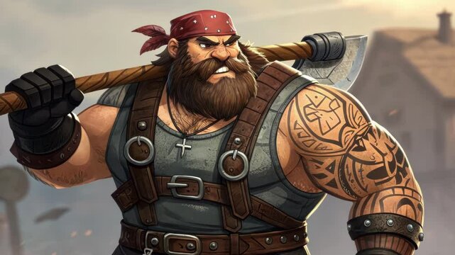 Character Eight A robust burly figure with a bushy beard and a tattooed arm. Hes decked out in leather attire complete with a bandana looking like a tough brawler ready for combat.