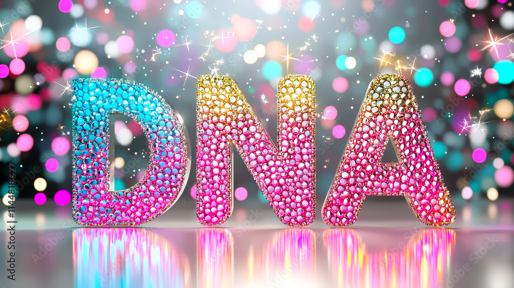 Poster colorful sparkling dna letters featuring bright gems and light reflections in a vibrant background