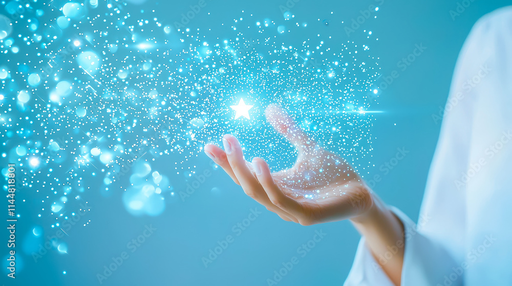 Poster Hand casting magical sparkles against a blue background during a creative expression session
