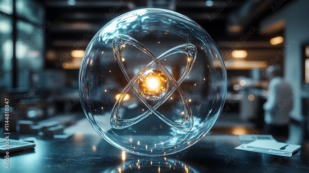 Poster detailed 3d representation of a technetium atom showcasing its electron structure and applications i