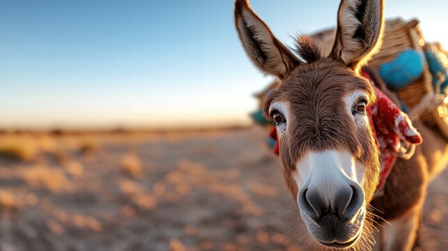 A gentle donkey with a basket on its back, surrounded by a warm, sandy wilderness under the comforting light of the setting sun, observes with soulful eyes.