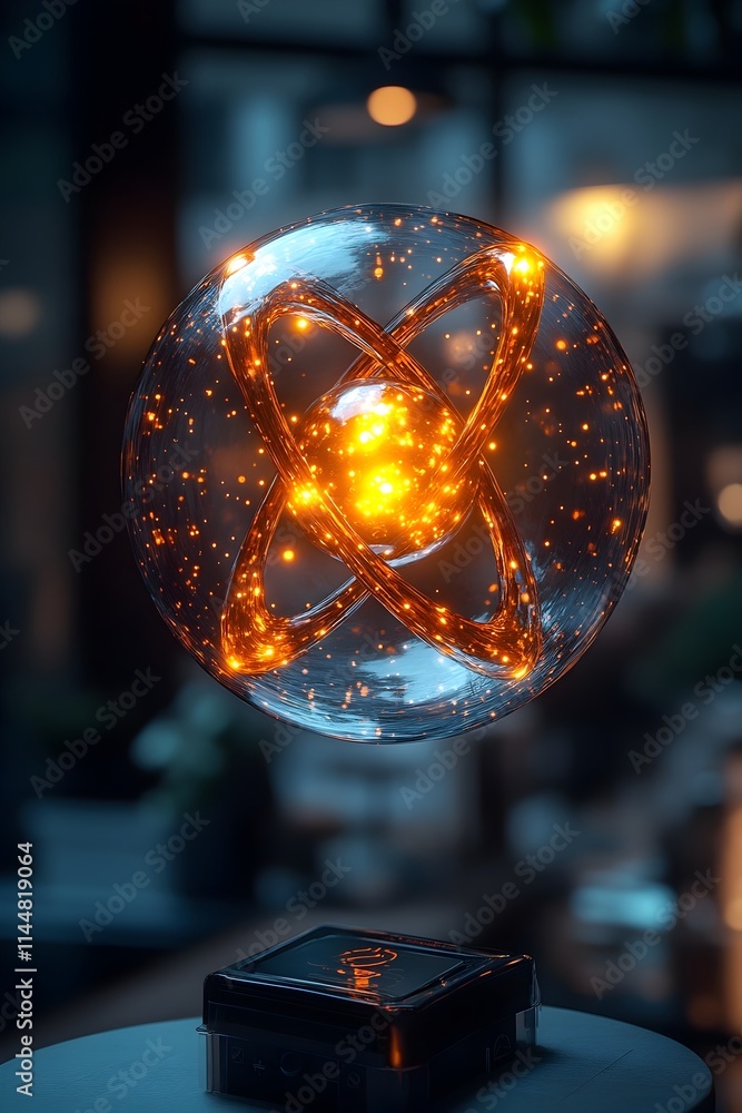 Poster detailed 3d representation of a technetium atom showcasing its electron structure and applications i