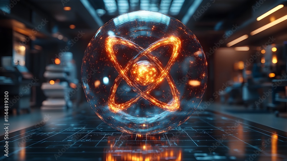 Poster 3d representation of a technetium atom showcasing its electron structure and applications in medical