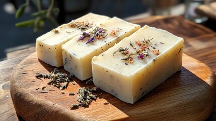 Natural handmade soap bars crafted with olive oil, fresh herbs, and organic essential oils, including immortelle and sage. Olive oil soap provides a nourishing touch with ample photo space.