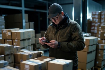 Warehouse worker scanning packages industrial setting action photograph modern environment close-up viewpoint logistics concept