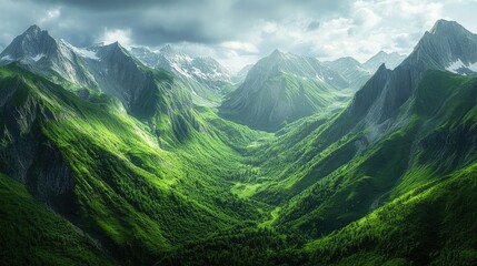 Lush green mountain valleys create a captivating landscape of tranquility and beauty. This image captures the essence of serene mountain valleys in vibrant shades of green with ample copy space.