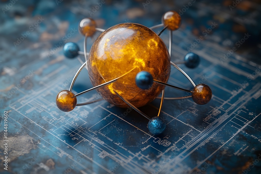 Poster exploded diagram of a technetium atom demonstrating its electron and role in cutting edge medical im