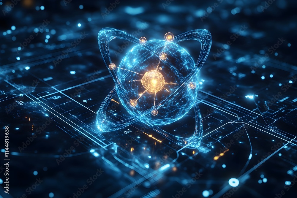 Poster exploded diagram of a technetium atom demonstrating its electron and vital role in cutting edge medi
