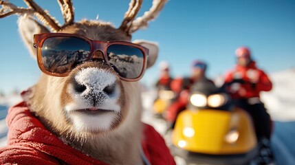 A reindeer wearing sunglasses poses for a selfie on a snowy landscape, radiating fun and camaraderie with friends riding snowmobiles in the background.
