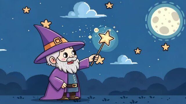 Chibi Wizard A tiny pixelated wizard with a long beard and a pointy hat casting a spell with stars and sparkles around him. The background is a night sky filled with pixelated moon