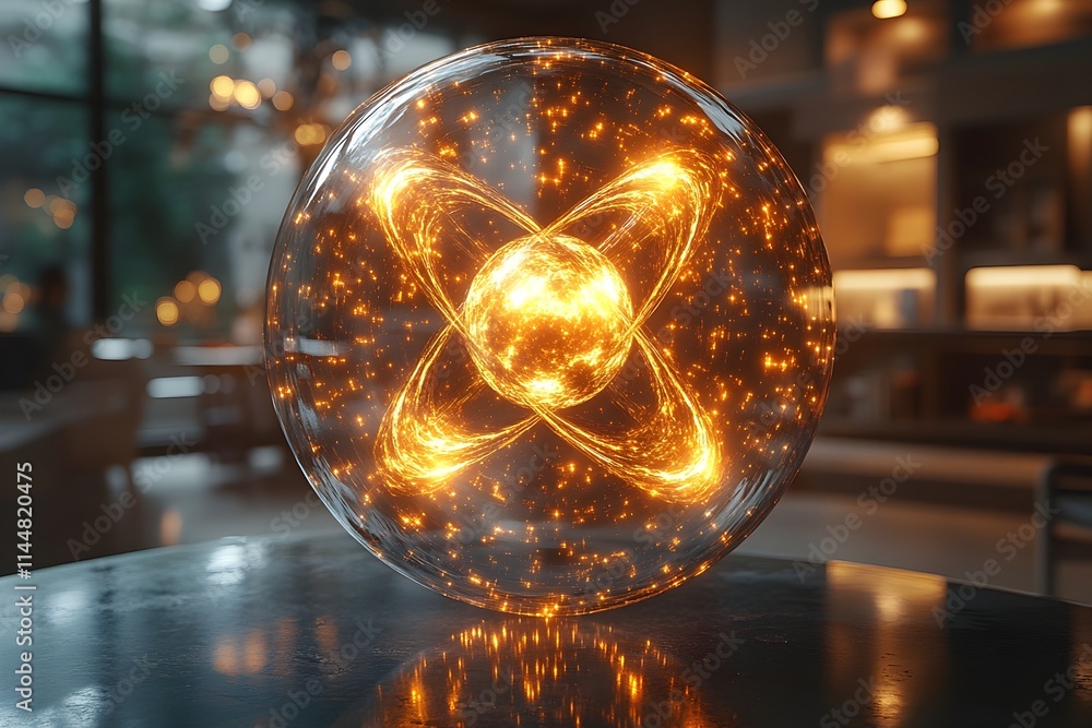 Poster detailed 3d representation of a technetium atom showcasing its electron structure and applications i