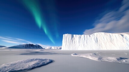 Obraz premium A magnificent ice glacier stands tall under a brilliant display of Northern Lights, as clear blue skies stretch above and the icy expanse reflects the frozen beauty around.