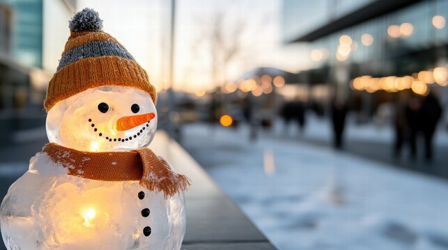 An illuminated snowman, joyful and bright, radiates warmth in an urban setting, surrounded by people and festive lights reflecting the spirit of winter holidays.