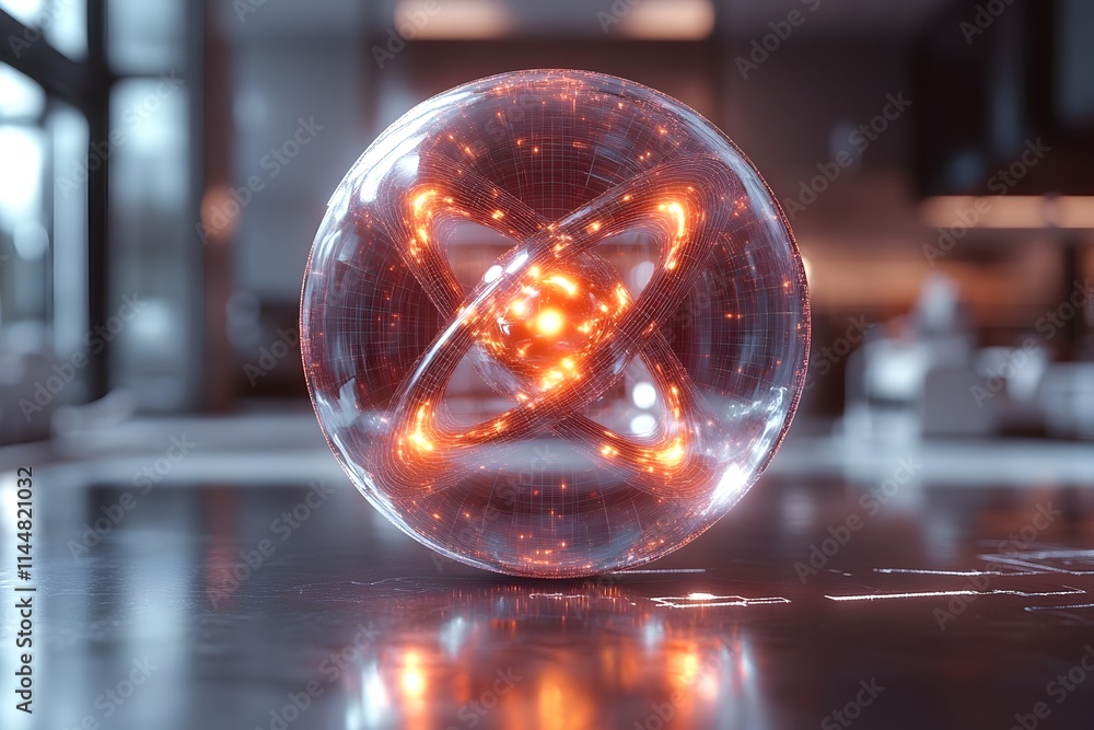 Poster detailed 3d representation of a technetium atom showcasing its electron structure and applications i