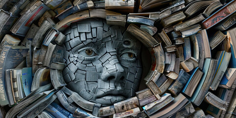 Human Face Mosaic Composed of Book Pages Surrounded by Books