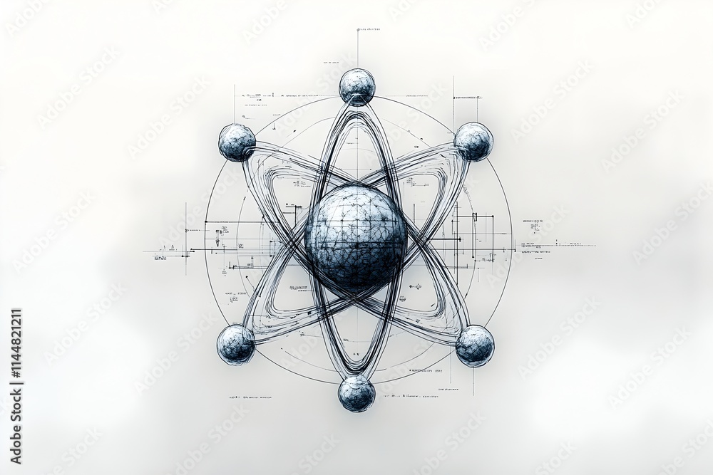 Poster detailed exploded rendering of technetium atom demonstrating its electron particle structure and app