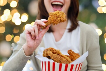 Beautiful Asian woman eating a crispy fried chicken in bucket