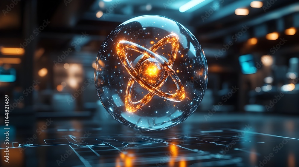 Poster technetium atom visualization for advanced medical imaging applications in futuristic hospital setti