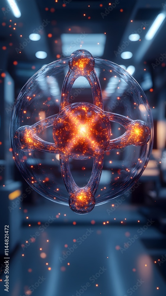 Poster highly detailed 3d representation of a technetium atom showcasing its electron structure and applica