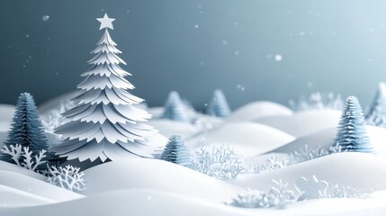 Merry chrismas and winter with snow and christmas tree. Paper art style. Crismass paper decorations, white and blue