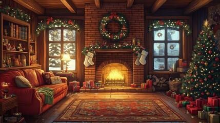 Obraz premium new year decorated living room, cozy christmas interior, ai generated