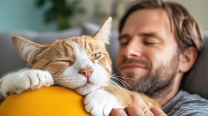 A happy man and a relaxed cat share a tender moment at home, signifying comfort, companionship, and the peaceful essence of a loving domestic atmosphere.