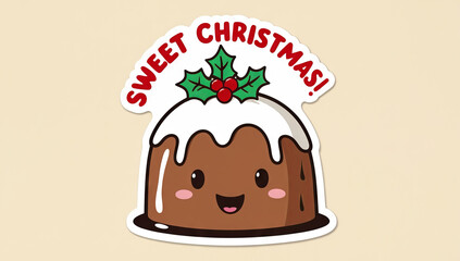 A digital illustration sticker featuring a cute, cartoon-style Christmas pudding with a smiling face